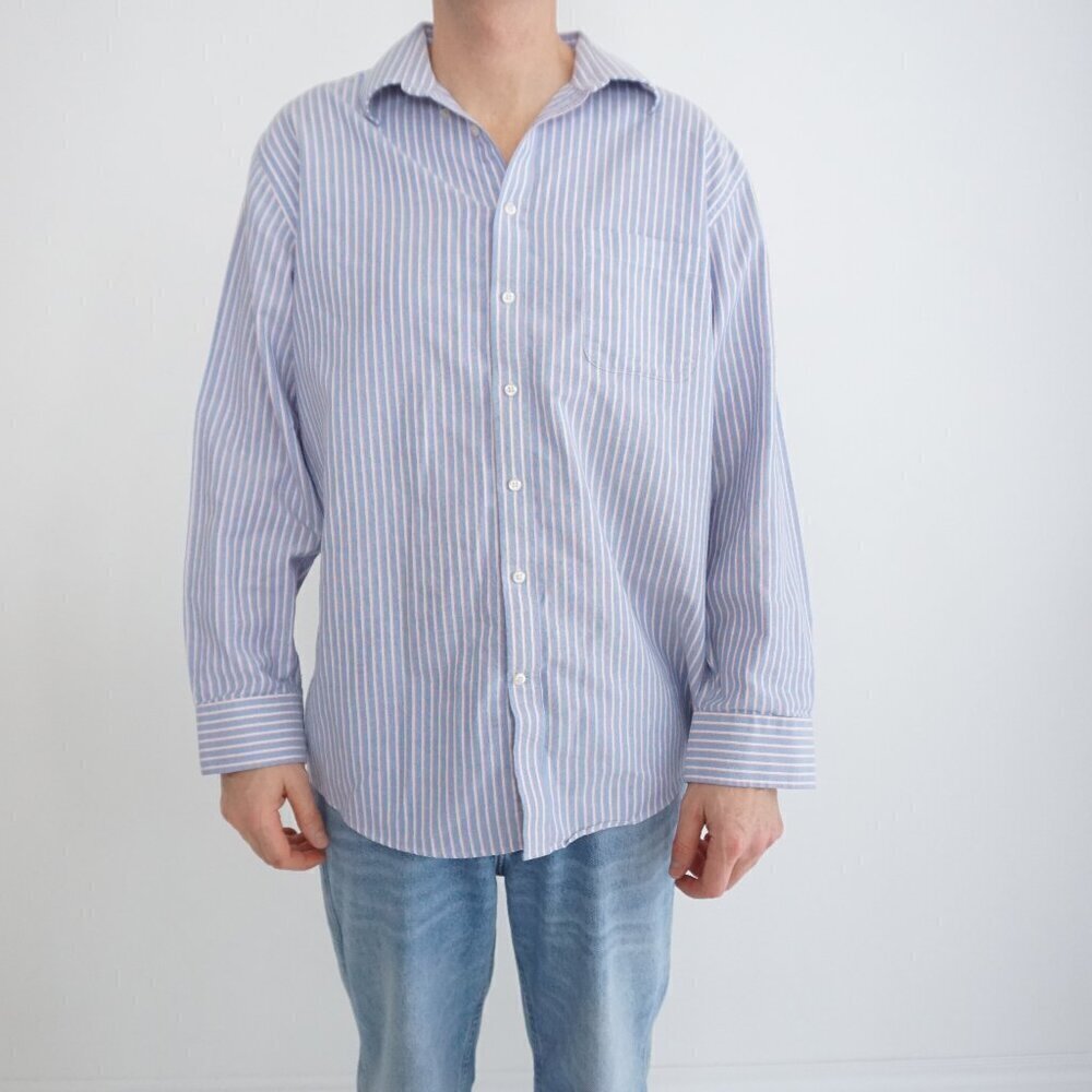Stafford Blue White Pinstripe Wrinkle-Free Oxford Regular Fit Button Dress Shirt